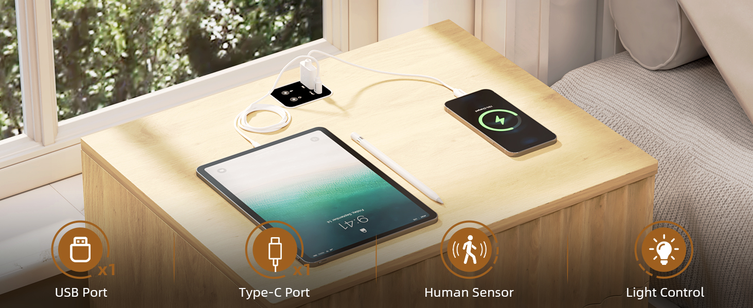 LED тумбочка Gurexl з зарядкою та 3 шухлядами, дерев'яна, з USB та Type-C, з датчиком руху, для спальні, вітальні, офісу, чорна