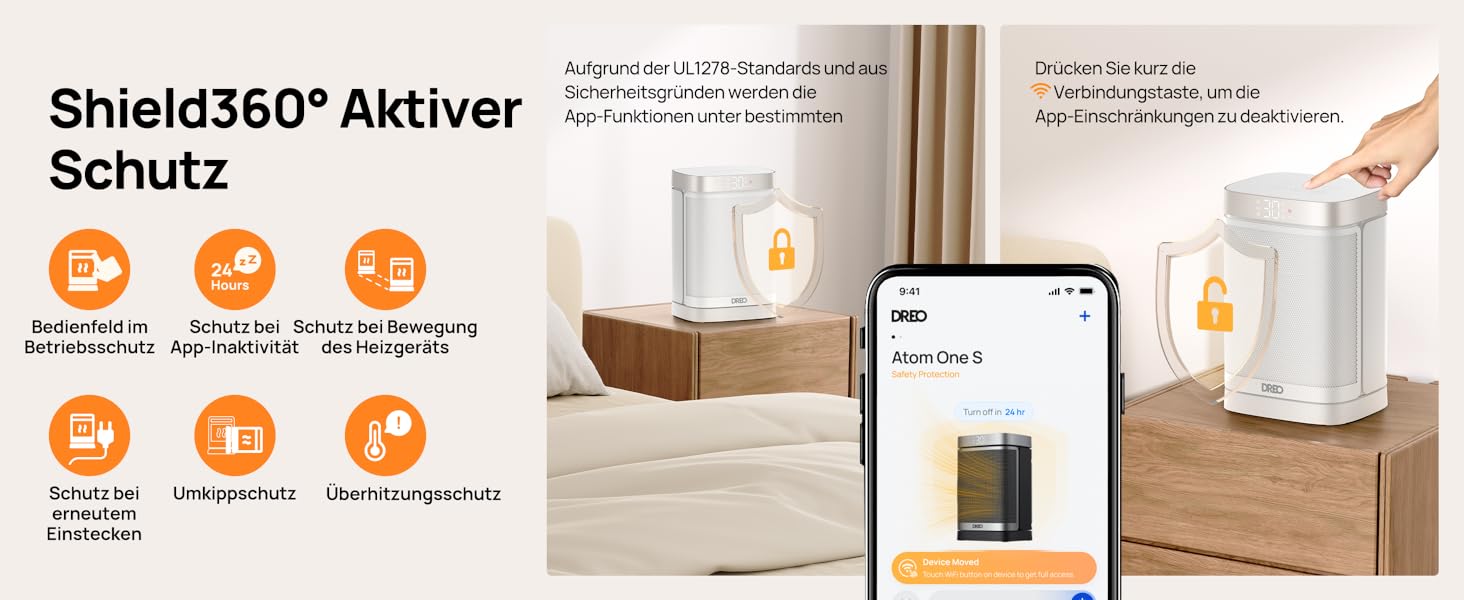 Електричний обігрівач Dreo Atom One S: тихий, енергоефективний, з Wi-Fi, пультом керування та 12-годинним таймером, 1500W, 3 режими, 3 швидкості, PTC кераміка, білий