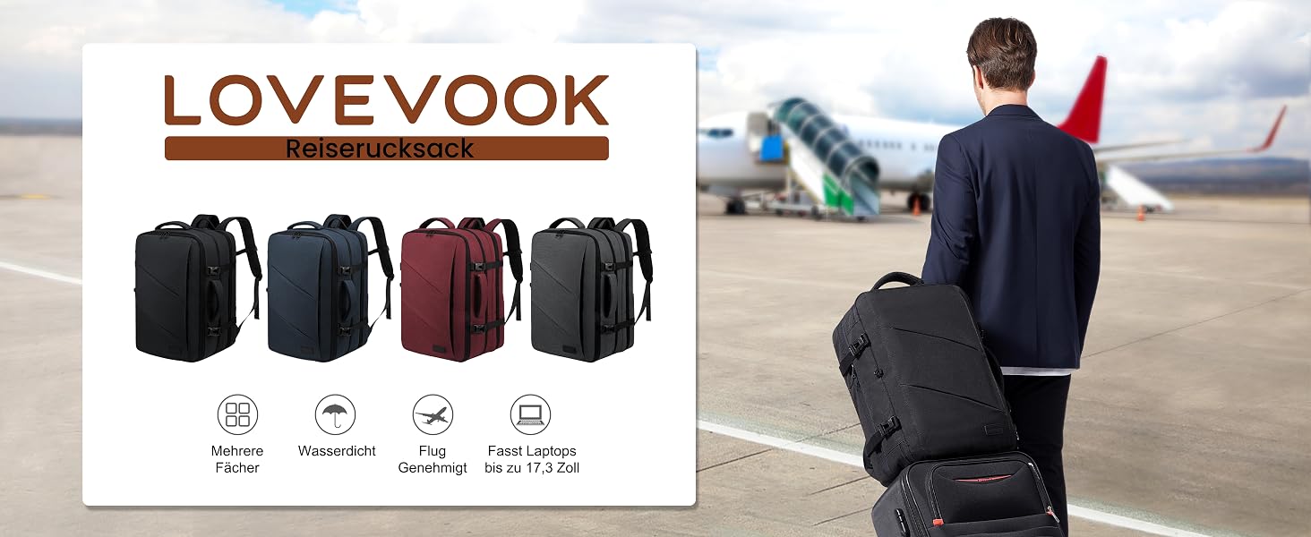 Рюкзак для подорожей LOVEVOOK 30-40Л, розширюваний дорожній рюкзак для літака та бізнесу, сумка для ноутбука 17.3 дюйма, протикрадіжний, синій