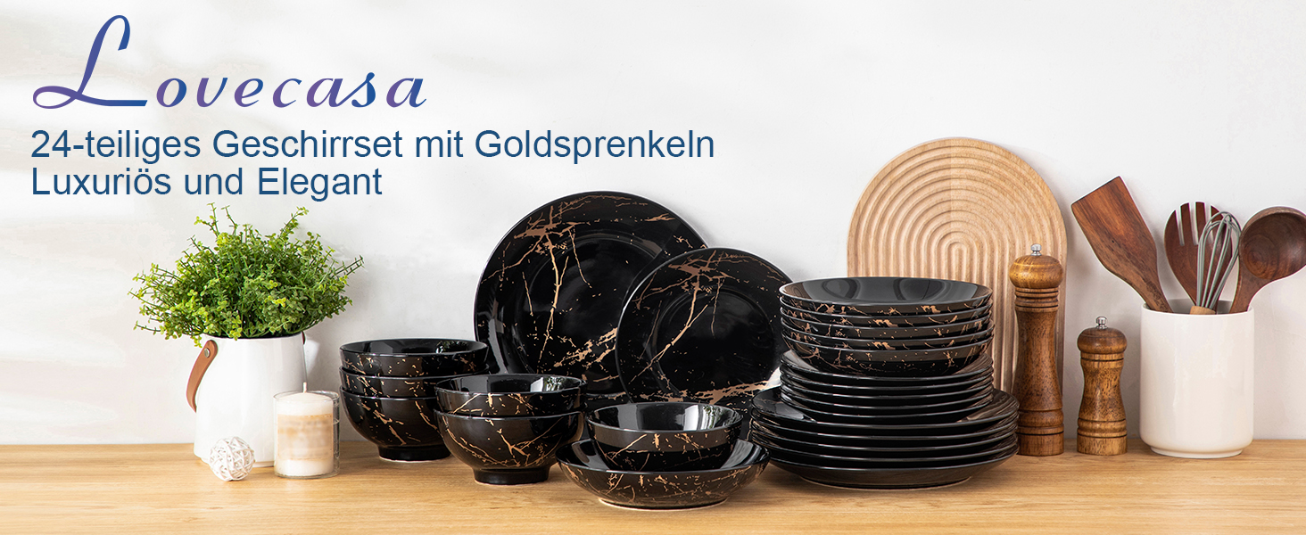 LOVECASA Tafelservice: Сервіз Daphne, SWEET, 24 предмети, чорний, з золотим декором