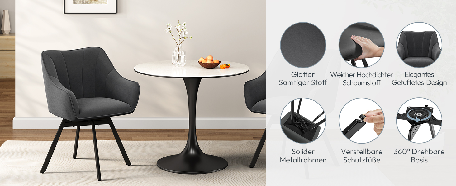 Крісло Yaheetech для кухні/їдальні/вітальні, обертається на 360°, з підлокітниками та металевими ніжками, темно-сірий (2 шт.)