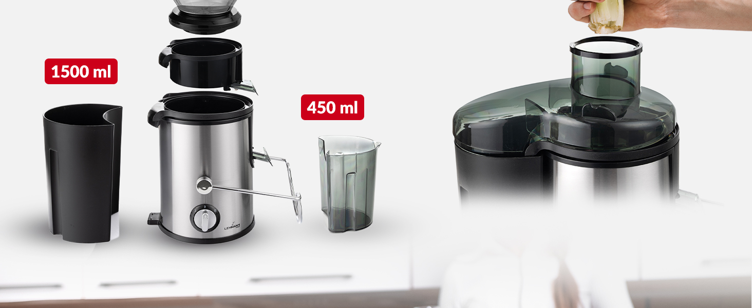 Електрична соковитискачка Lehmann: соковиті напої з овочів та фруктів, 2 швидкості, нержавіюча сталь, 1,5л контейнер для жмиху, 450мл контейнер для соку