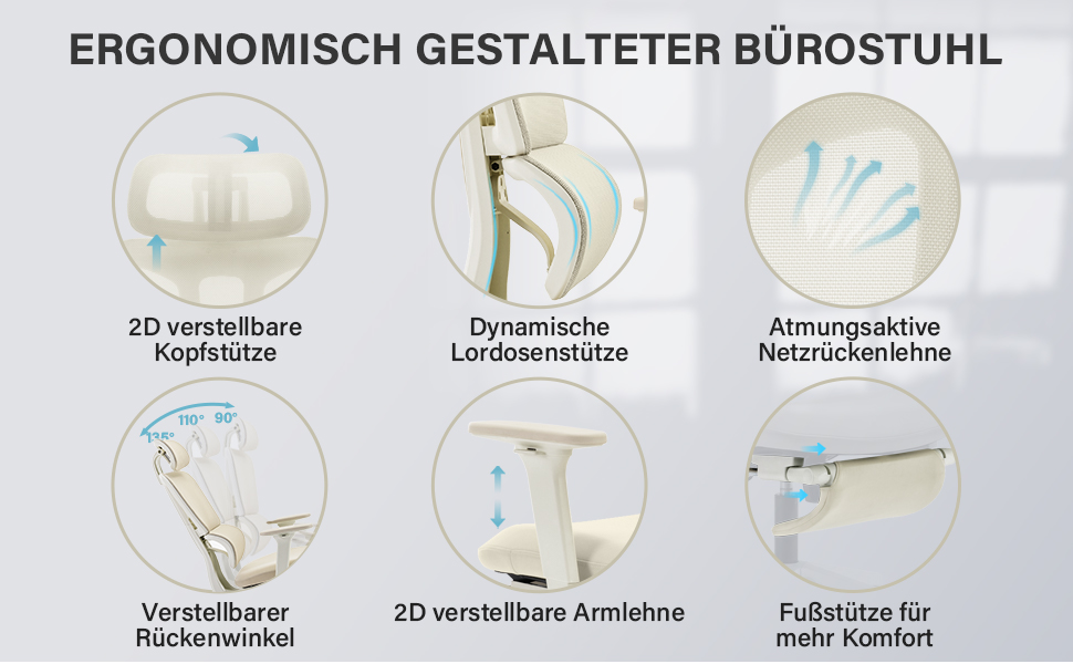 Ергономічне крісло для офісу з підніжкою, висока спинка, 2D-підголівник, відкидні підлокітники, сидіння з губки, сітчастий офісний крісло, крісло для начальника, комп'ютерне крісло для дорослих (кремовий)