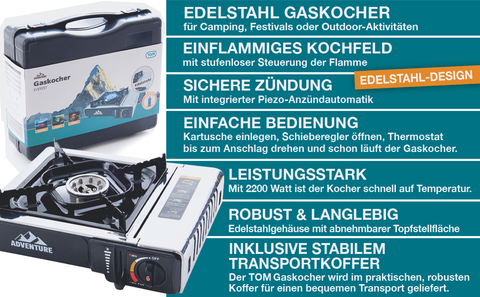 Газовий наметковий пальник TOM Edelstahl MSF-1A з нержавіючої сталі - 2200 Вт, Piezo-запалювання, для газових балонів, з кейсом