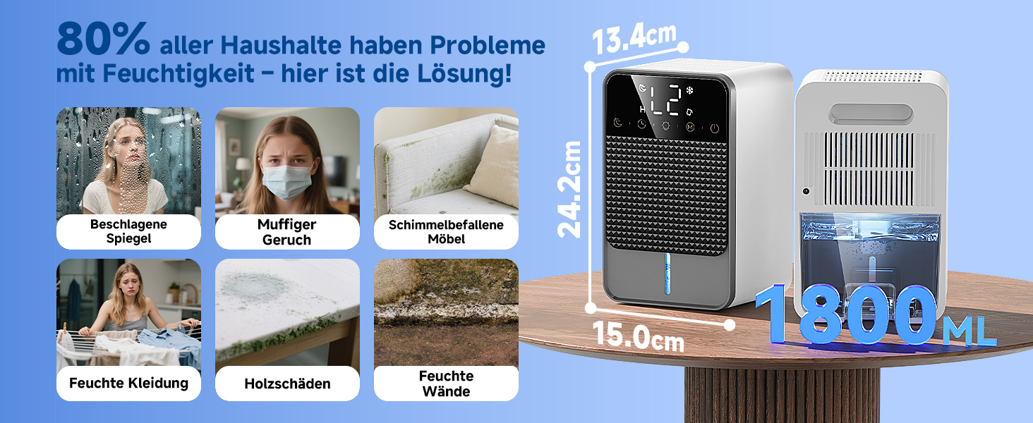 Електричний осушувач повітря 1800 мл з тихою роботою, функцією відтавання та автовимкнення, 7 кольорових підсвіток, портативний осушувач для спальні, ванної кімнати, підвалу, продуктивність 560 мл/24 год