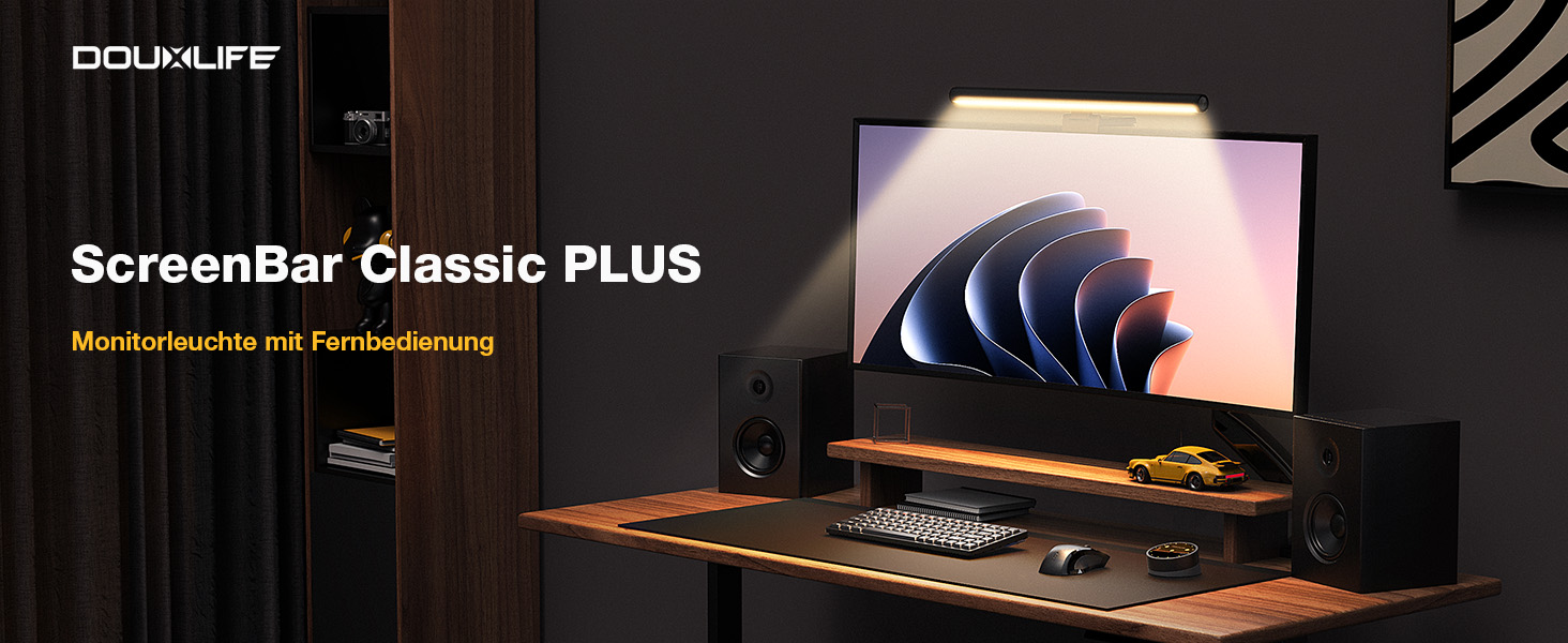 Світлодіодна лампа для монітора Douxlife Screenbar з сенсорним керуванням та пультом дистанційного керування, USB-зарядка, регульована яскравість та колірна температура, захист очей для ПК, чорний