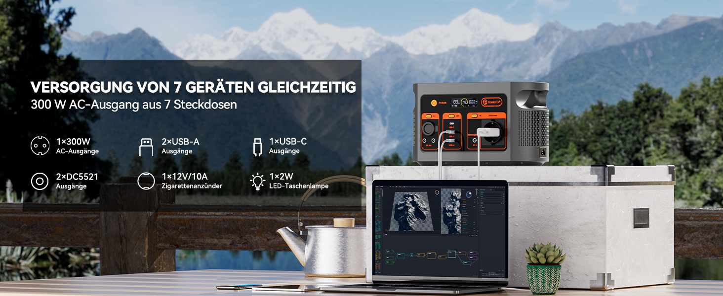 Powerstation FlashFish E103: 300W, 179.2Wh LiFePO4, 3000 циклів, 230V AC, для кемпінгу та подорожей