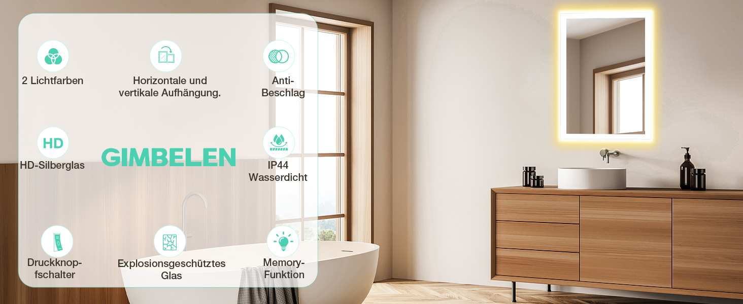 Дзеркало для ванної кімнати GIMBELEN з підсвічуванням LED, антизапар, 2 кольори світла (3000K/6500K), функція пам'яті, прямокутна форма, 50 x 70 см