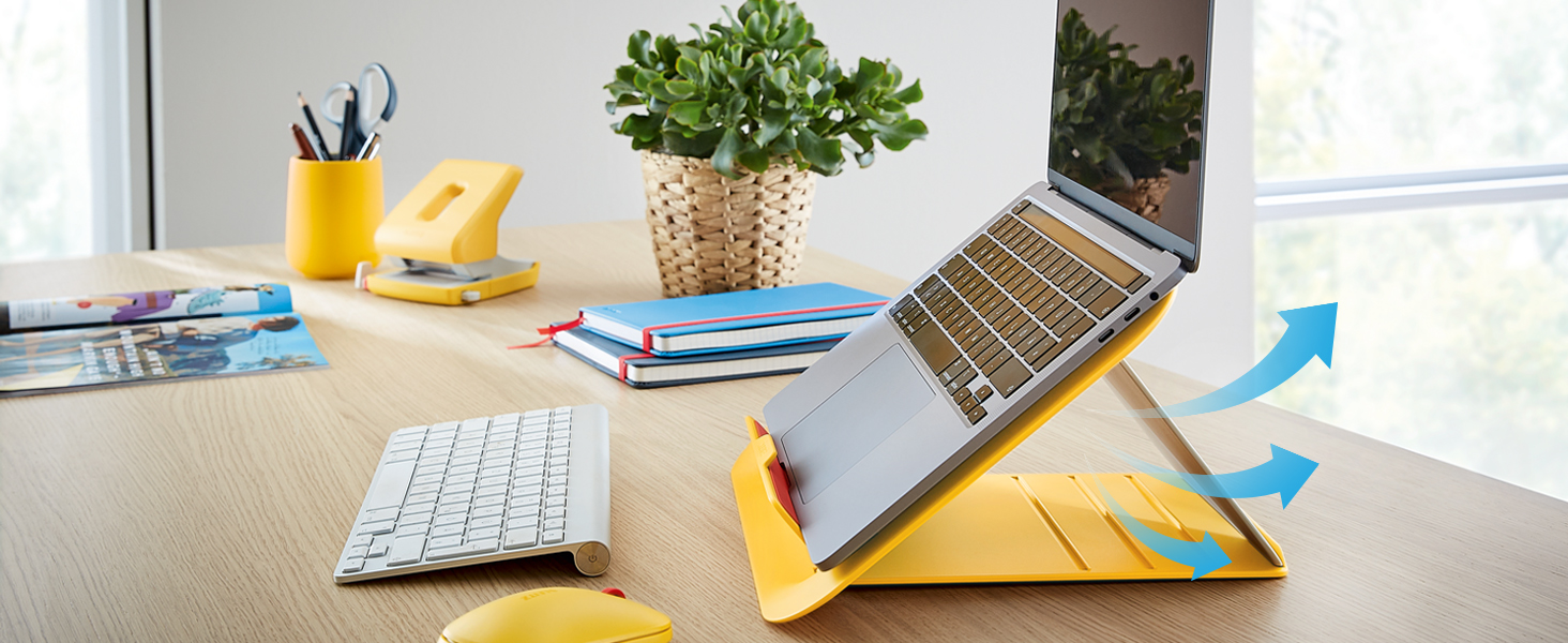 Підставка для ноутбука Leitz Ergo, регульована по висоті, для ноутбуків 13'-15', з 80% переробленого пластику, 6 положень висоти та кута, компактна, 100% перероблювана, артикул 64240089 (Стандарт, Теплий жовтий)