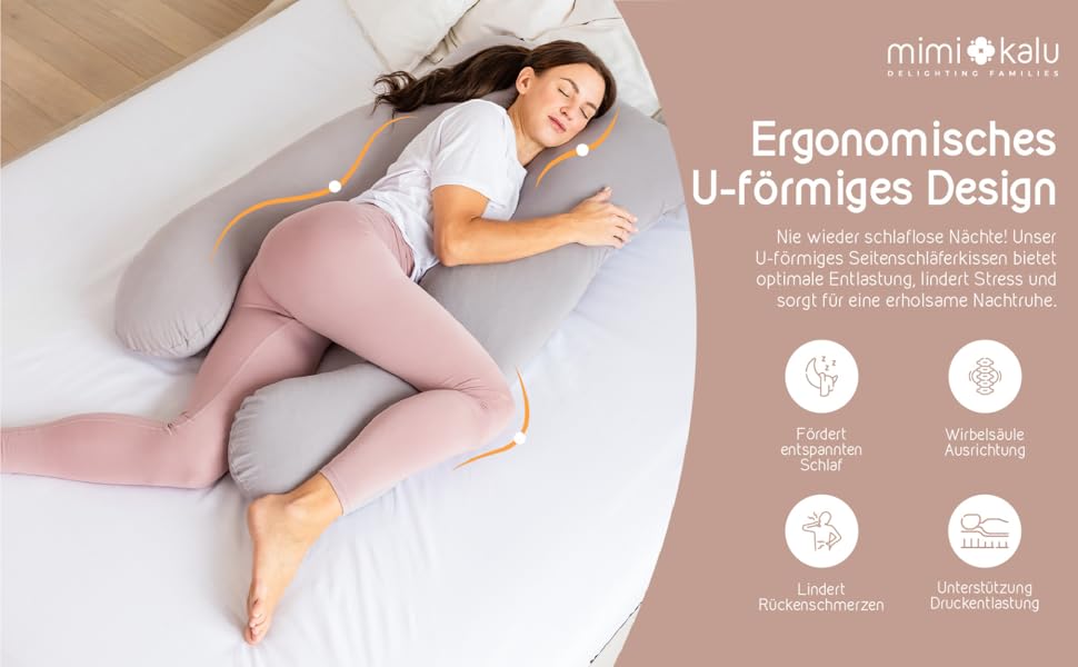 Подушка для сну на боці Mimi Kalu® Original з Memory Foam, 130 x 70 см, платиново-сіра | Подушка для вагітних, подушка для годування, м'яка подушка | З чохлом з 100% Soft-Cotton та маскою для сну