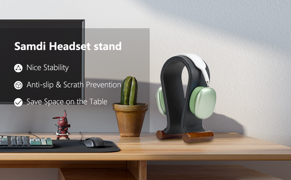 Підставка для навушників SAMDI з дерева та шкіри, універсальна, для геймінгу, дому, офісу (чорний)