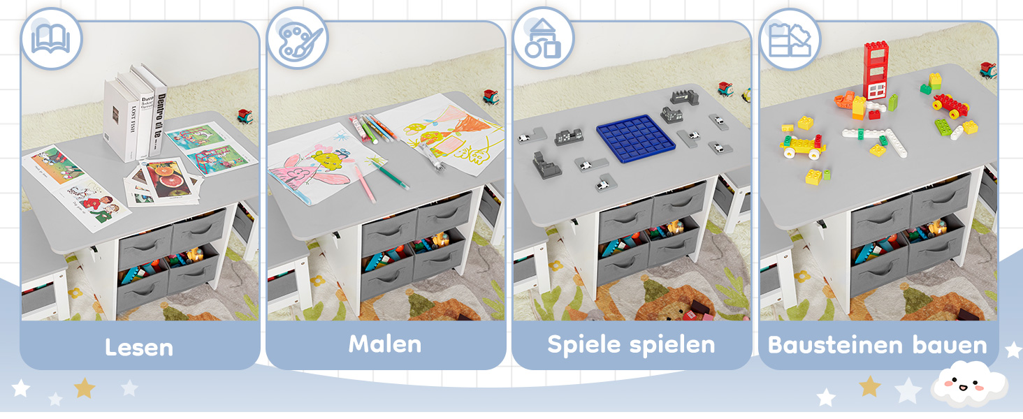 Дитячий стіл Yorbay з 2 стільцями, місце для зберігання, зона відпочинку з 3 предметів для дитячої кімнати, ігрова кімната, сірий