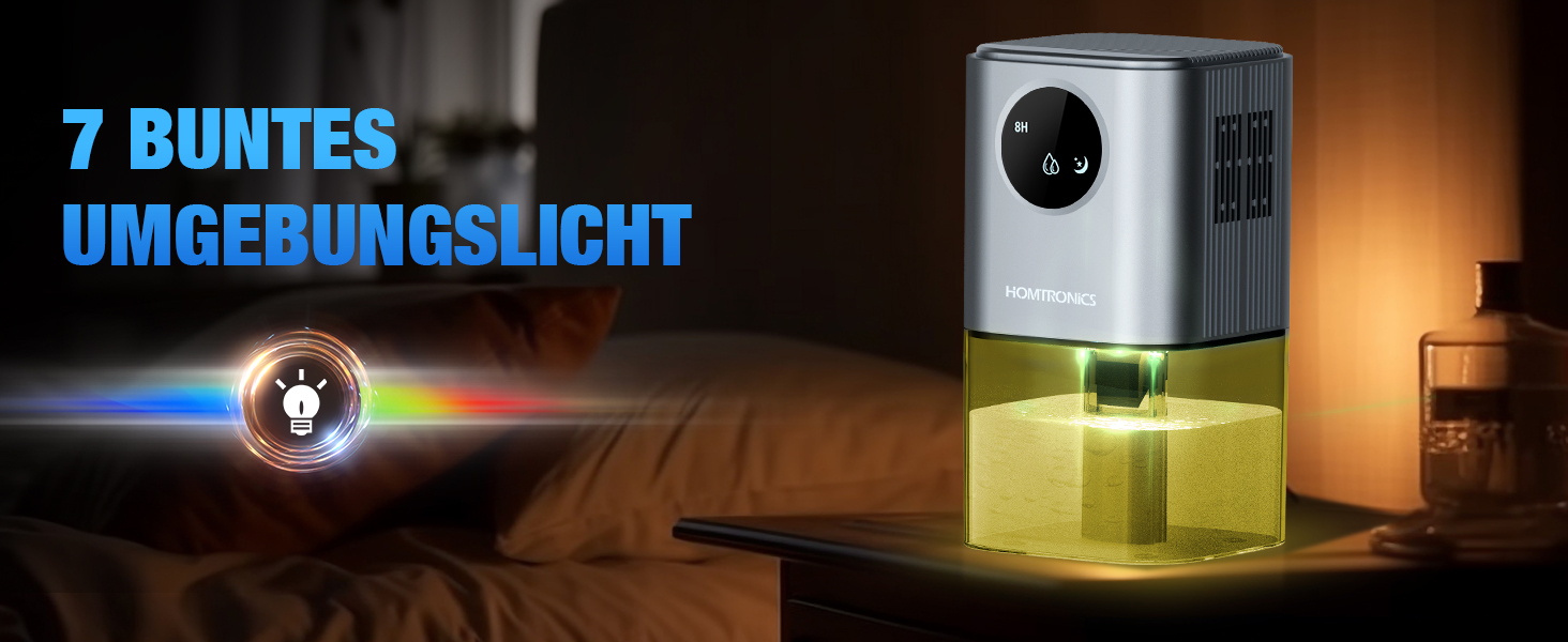 Зволожувач повітря Homtronics 1700 мл, електричний, портативний, тихий, з 7 кольорами підсвічування, автоматичне вимкнення, для ванної, спальні, шафи, офісу (сірий)
