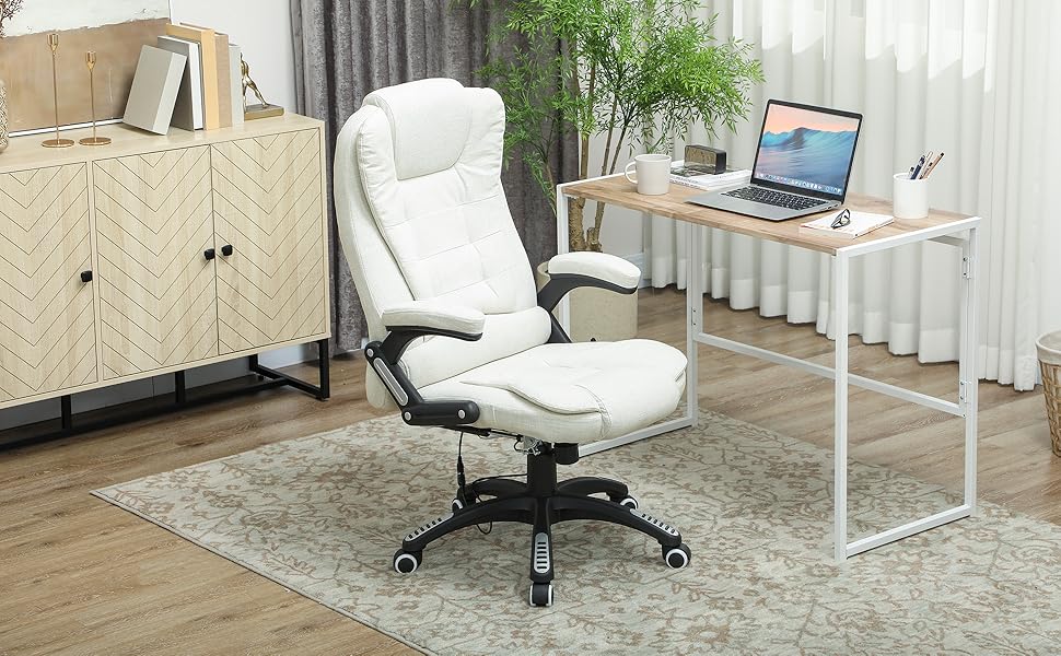 Крісло офісне Vinsetto з масажем, підігрівом та регулюванням нахилу. Ергономічне крісло для начальника з підлокітниками, функцією лежання, обертання на 360° та бічною кишеню. Обивка з льону, кремово-білий колір. Матеріал: 100% поліестер.