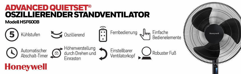 Осцилюючий баштовий вентилятор Honeywell QuietSet для всієї кімнати (5 налаштувань швидкості, коливання 80, функція таймера, автоматичне вимкнення освітлення, дистанційне керування) (HSF600, одинарний)