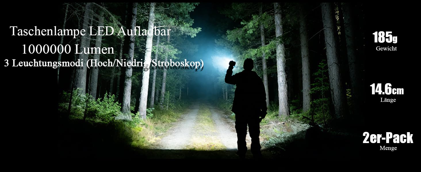 Набір тактичних LED ліхтарів (2 шт.) 1 000 000 Люмен, потужний зарядний ліхтар з зумом, 3 режими освітлення, водонепроникний IPX7 для кемпінгу та туризму, чорний з кольоровими акцентами