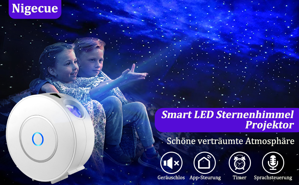 LED проєктор зоряного неба зі смарт-функціями, керування через Wi-Fi, 3D галактика, таймер, сумісність з Alexa та Google Assistant