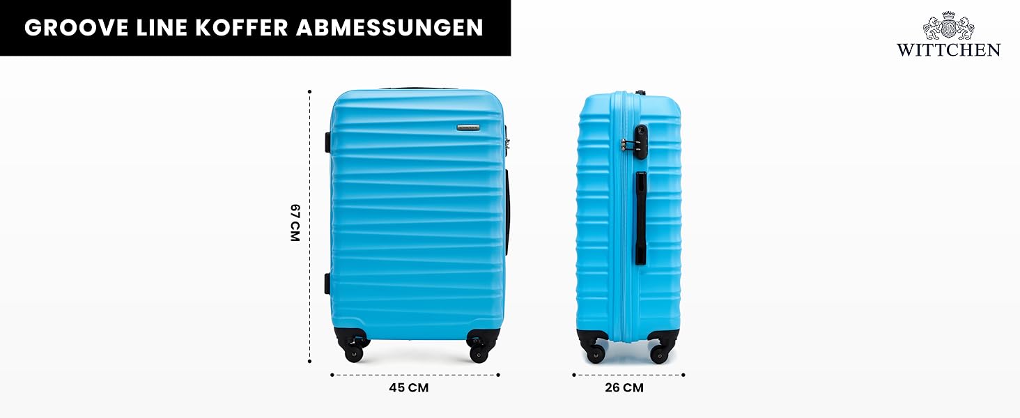 Набір валізWITTCHEN 3 в 1: велика, середня, маленька. Валізи на колесах з ABS, з кодовим замком, 4 колеса, Groove Line. Підходить для Lufthansa, Eurowings, Ryanair, Condor. (Синій, косметичка)