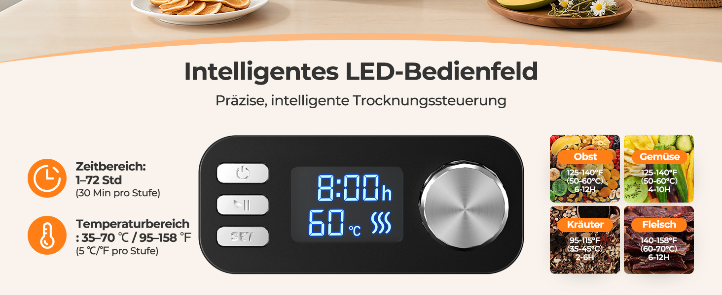 Сушарка для продуктів YASHE 8-ярусна, з регулюванням часу та температури до 72 год, з сітчастими вставками, роликом для фруктів та щипцями з нержавіючої сталі для м'яса, фруктів, овочів, трав, без BPA