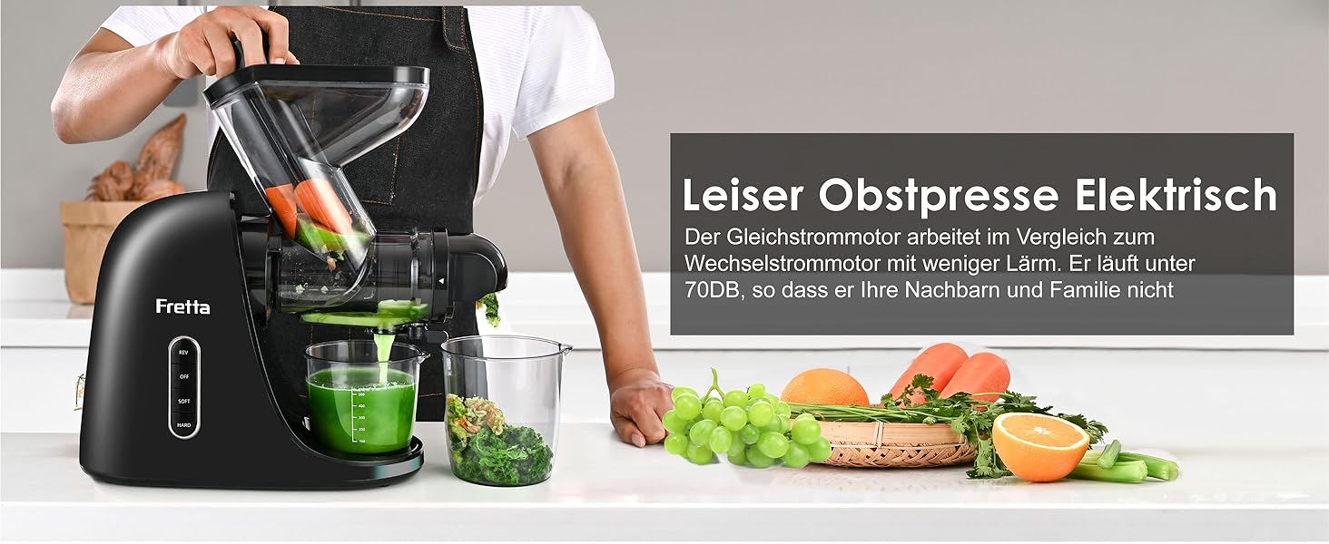 Електричний соковитискач Fretta Slow Juicer: холодний віджим, 76 мм, для овочів та фруктів, чорний