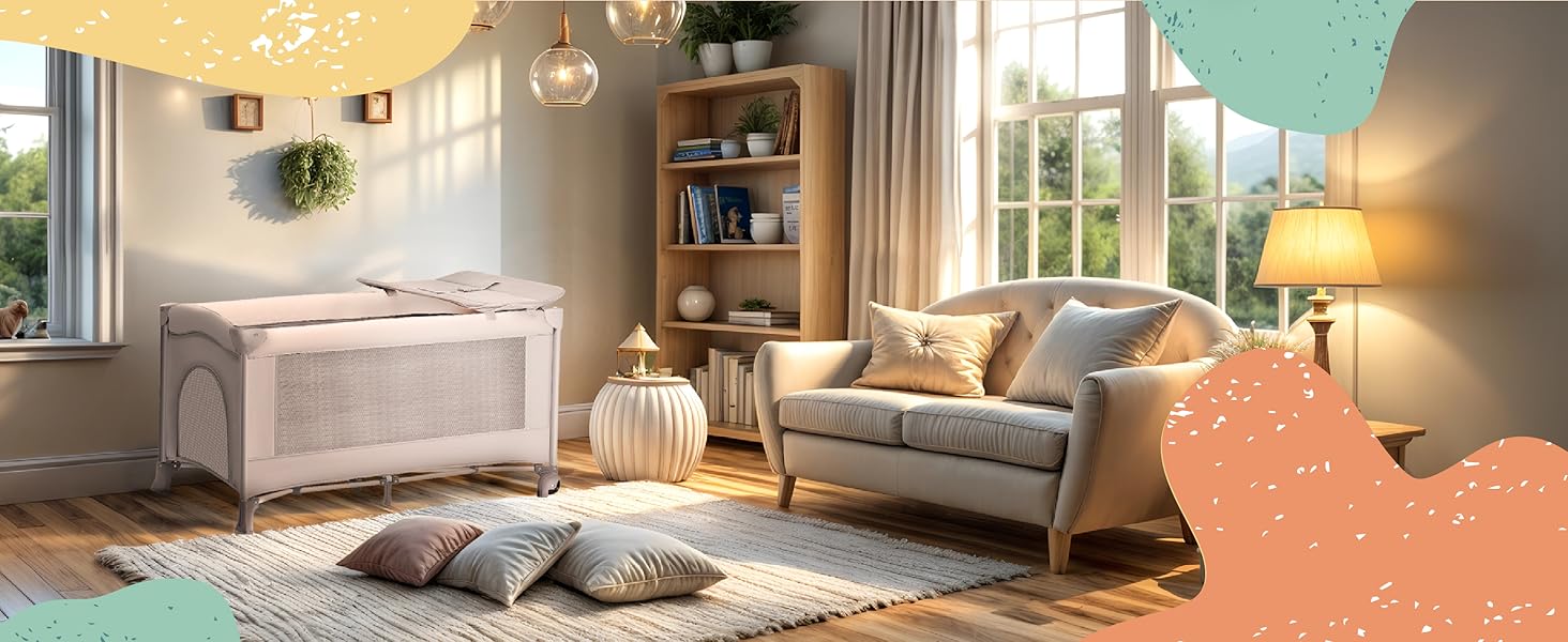 Дитяче ліжко-манеж All Kids United® для подорожей з матрацом, пеленальним столиком, музичним провідником та мобілем (сірий)