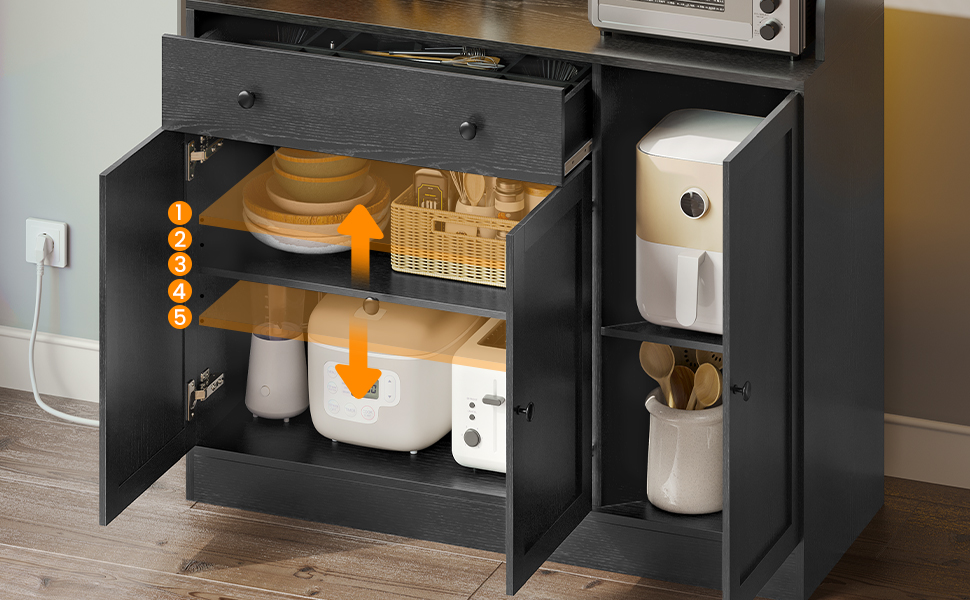 Чорний кухонний шафка з робочою поверхнею, буфет з LED-підсвіткою, розеткою, ящиками та регульованими полицями (103.5 x 40 x 180 см)