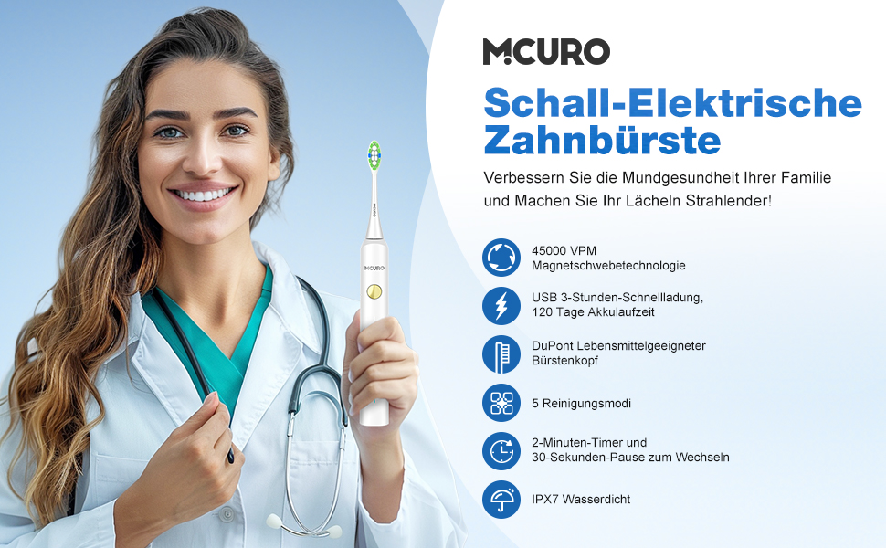 Електрична звукова зубна щітка з 6 насадками DuPont, 5 режимів, таймер, індикатор заряду, 120 днів роботи від акумулятора, 45000 VPM, відбілювання за 1 тиждень
