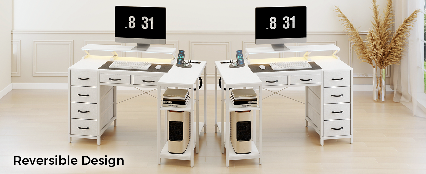 Кутовий письмовий стіл L-подібний з шухлядами, LED-підсвіткою, USB-портом та розеткою для комп'ютера, роботи та навчання, білий