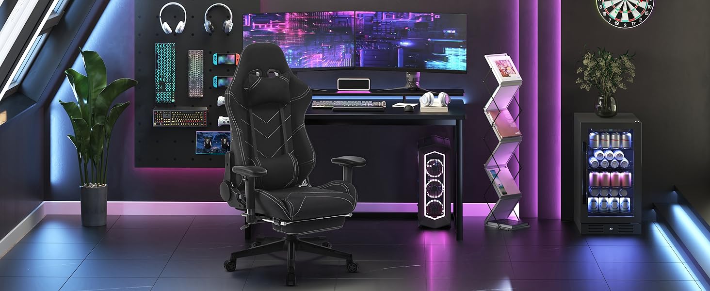 Крісло ігрове WOLTU з тканини, дихаюче, для літа, ергономічне, з підтримкою попереку, для геймерів, racing, PC, з функцією гойдання та підніжкою, для стрімінгу, чорно-сіре, тканинне