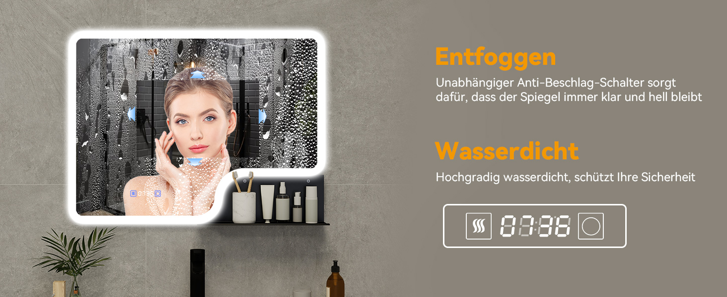 Дзеркало для ванної кімнати YOURLITE з LED-підсвічуванням 100x60 см, сенсорне керування, годинник, антизапар, 3 кольори світла, регулювання яскравості, без запотівання, функція пам'яті, білий