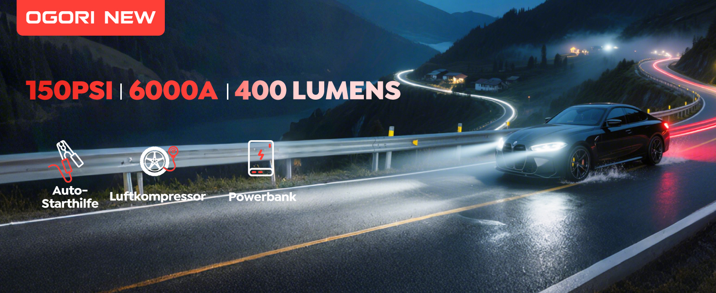 Портативний акумулятор для запуску авто 7000A з компресором 150PSI, 12V, 8L бензин/10L дизель, з прикурювачем та LED ліхтариком