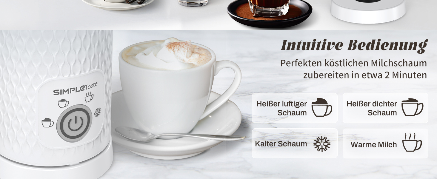SIMPLETASTE: Електричний спінювач молока 4-в-1, автоматичний, для гарячого та холодного напою, з підігрівом, автоматичне вимкнення, білий