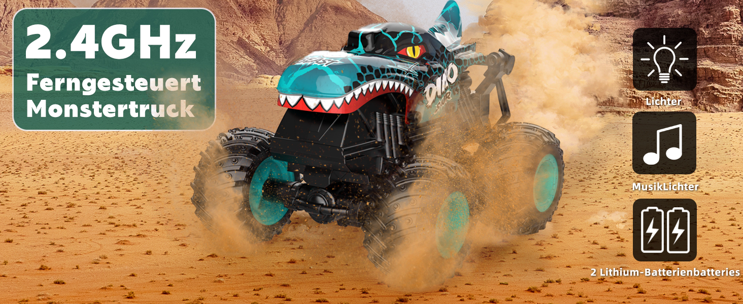 RC Monstertruck 1:20 2.4GHz Динозавр – Радіокерований позашляховик, 20 км/год, LED, Музика, для хлопчиків та дівчаток від 3 років, Зелений