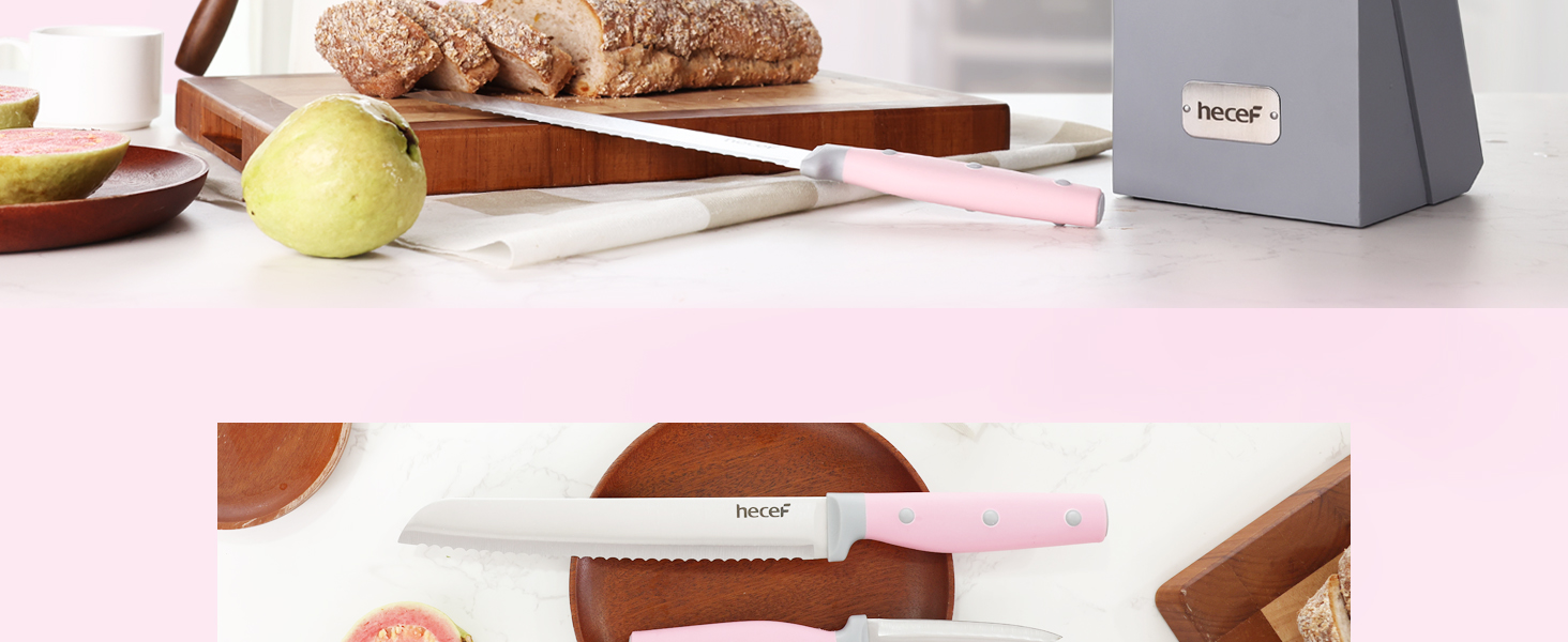 Набір ножів Hecef 14 предметів з дерев'яним блоком, професійний набір кухонних ножів з нержавіючої сталі, з ножицями, ножем для стейка та точилкою (рожевий)