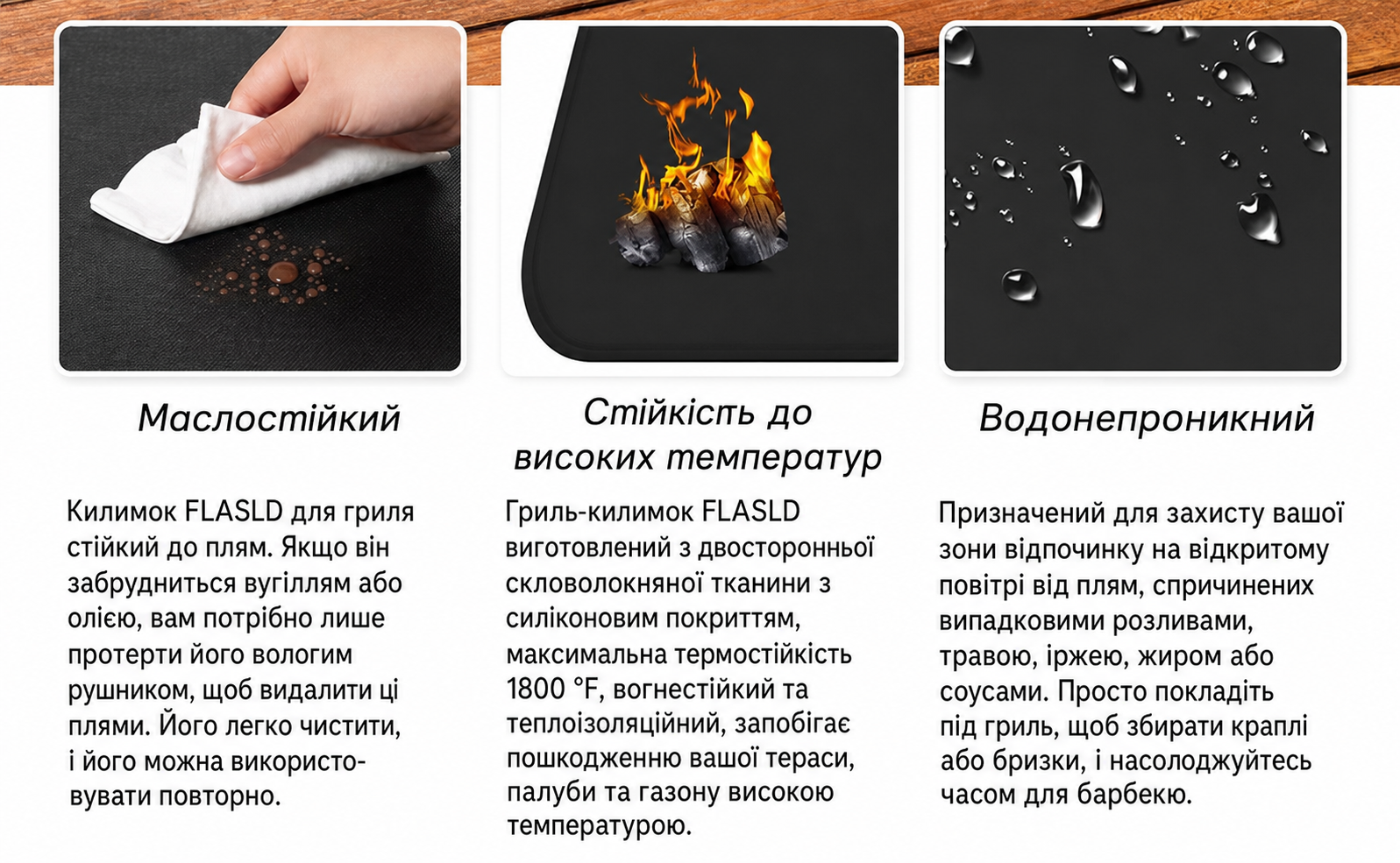 Двосторонній вогнестійкий килимок FLASLD 91×124 см для гриля та каміна, маслостійкий водонепроникний захист для тераси й саду, чорний