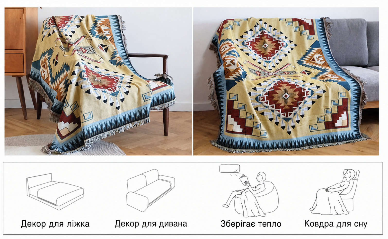 Плед Boho HOORDRY 130×180 см – в'язаний, з китицями, універсальний покривало для дивана, ліжка, крісла, м'яка ковдра-декор