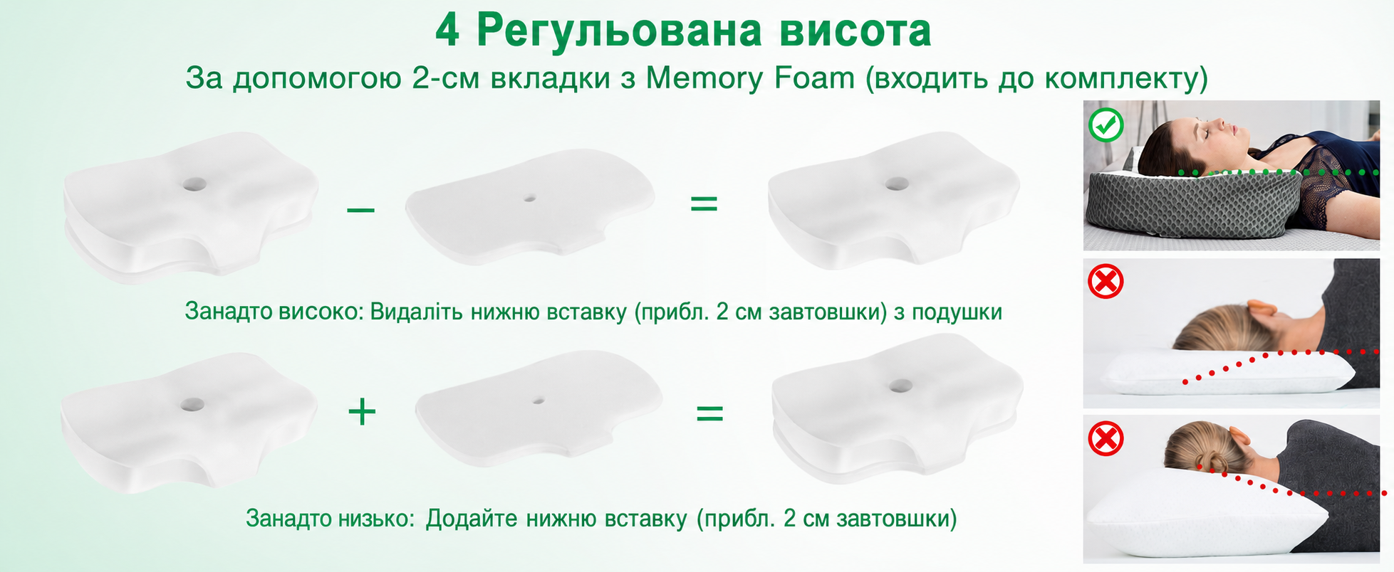 Ортопедична подушка Elviros з Memory Foam для сну, ергономічна, проти болю в шиї та хропіння, для бокового та шлункового сну, біла, 60x38.6x9.9/13.5 см