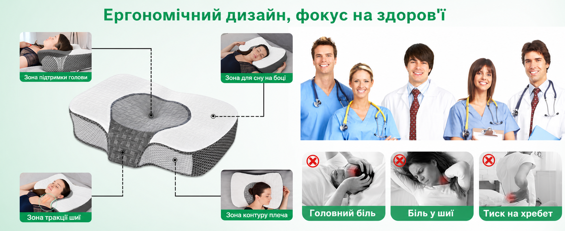 Ортопедична подушка Elviros з Memory Foam для сну, ергономічна, проти болю в шиї та хропіння, для бокового та шлункового сну, біла, 60x38.6x9.9/13.5 см