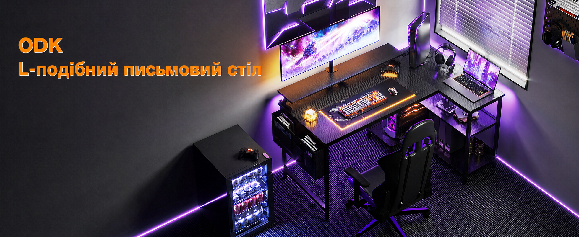 ODK письмовий стіл у формі L чорний, геймерський кутовий стіл з USB зарядкою та розеткою, з полицею для монітора, для офісу та домашнього кабінету, 120x80x88 см