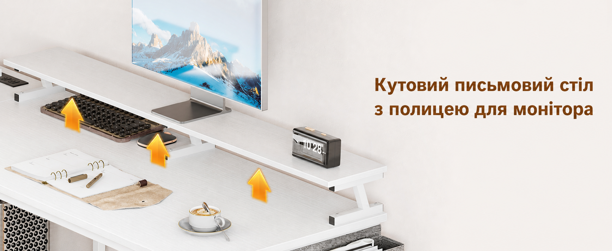 ODK L-подібний письмовий стіл білий з USB-портом і розеткою, ігровий комп'ютерний стіл L-форми з полицею, реверсивний, зі стійкою для монітора, для офісу