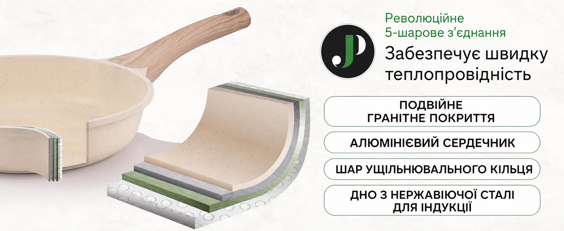 Набір каструль і сковорідок JUST PERFECTO для індукції, 15 предметів, антипригарне покриття без PTFE і PFOA, з кришками, бежевий колір, сковорідки 24 см і 28 см, каструля 28 см