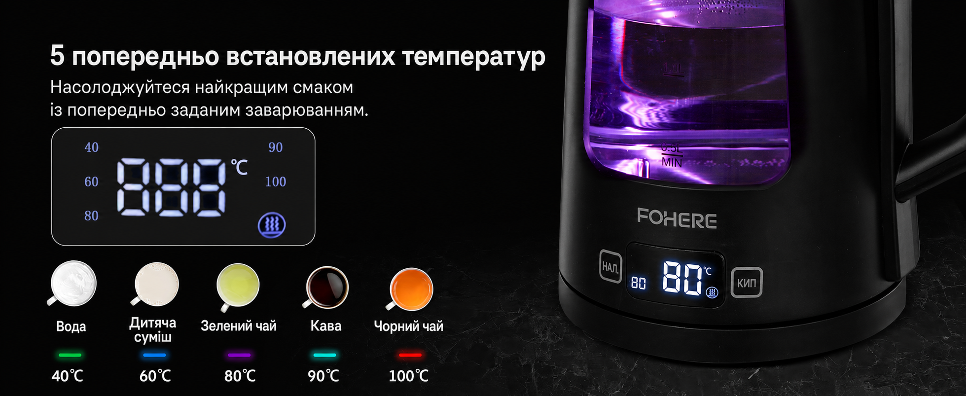 Електричний скляний чайник з регулюванням температури, 1.7 л, 2200 Вт, функція підтримки тепла, авто-вимкнення, захист від перегріву, підсвітка, чорний