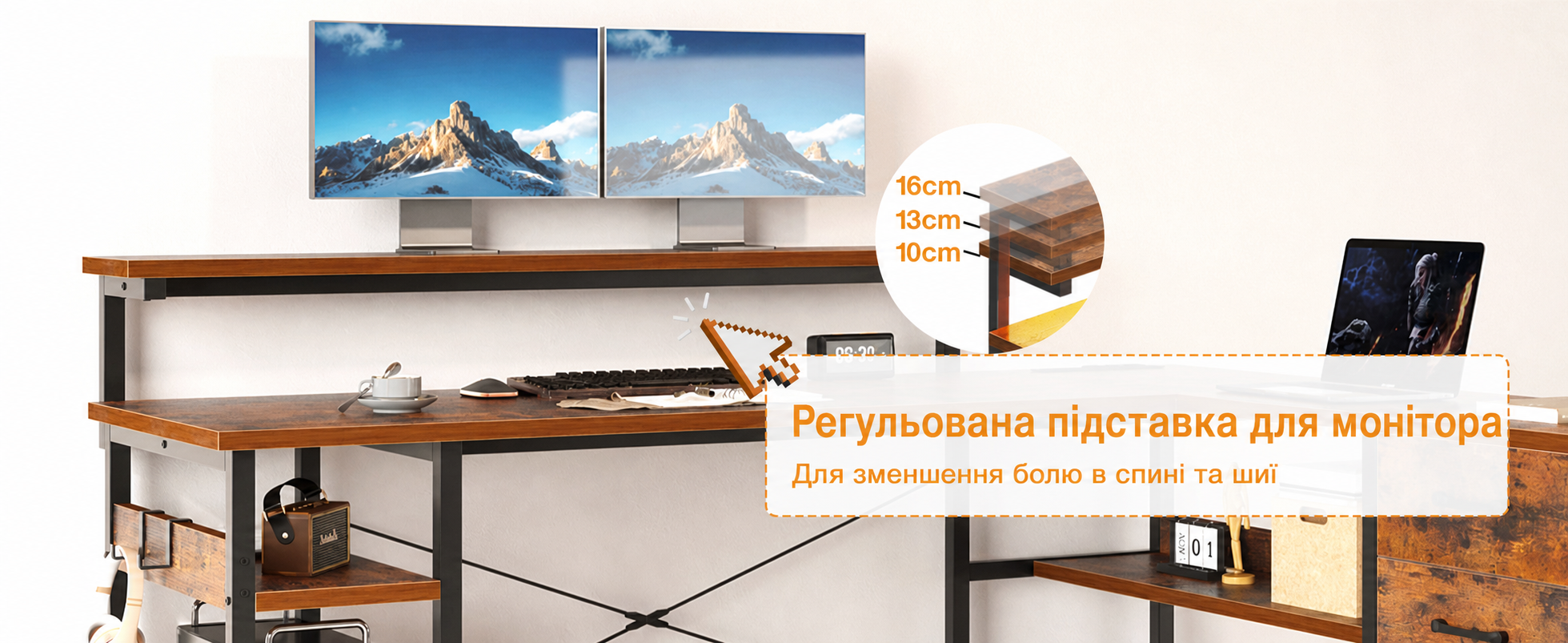Кутовий письмовий стіл ODK з шухлядами, LED-підсвіткою, розетками та USB, вінтажно- коричневий 155×110 см, для домашнього офісу