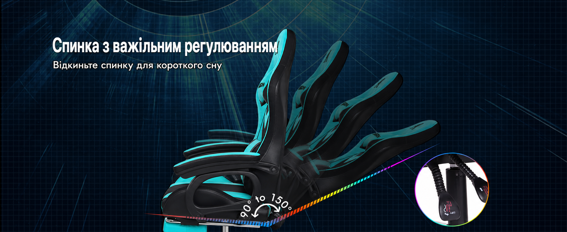Ігрове крісло ALFORDSON з масажем, RGB LED, ергономічне, з підніжкою, підголівником і лумбарною подушкою, блакитне