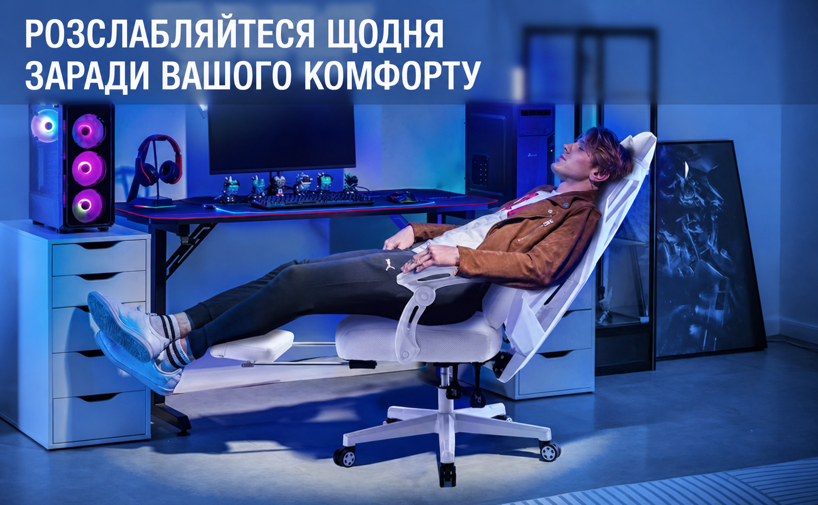 GTPLAYER Ергономічне крісло для геймерів і офісу, з регульованою поперековою та підголівником, біле, зручне комп'ютерне крісло зі з'єднаними підлокітниками та безшумними колесами