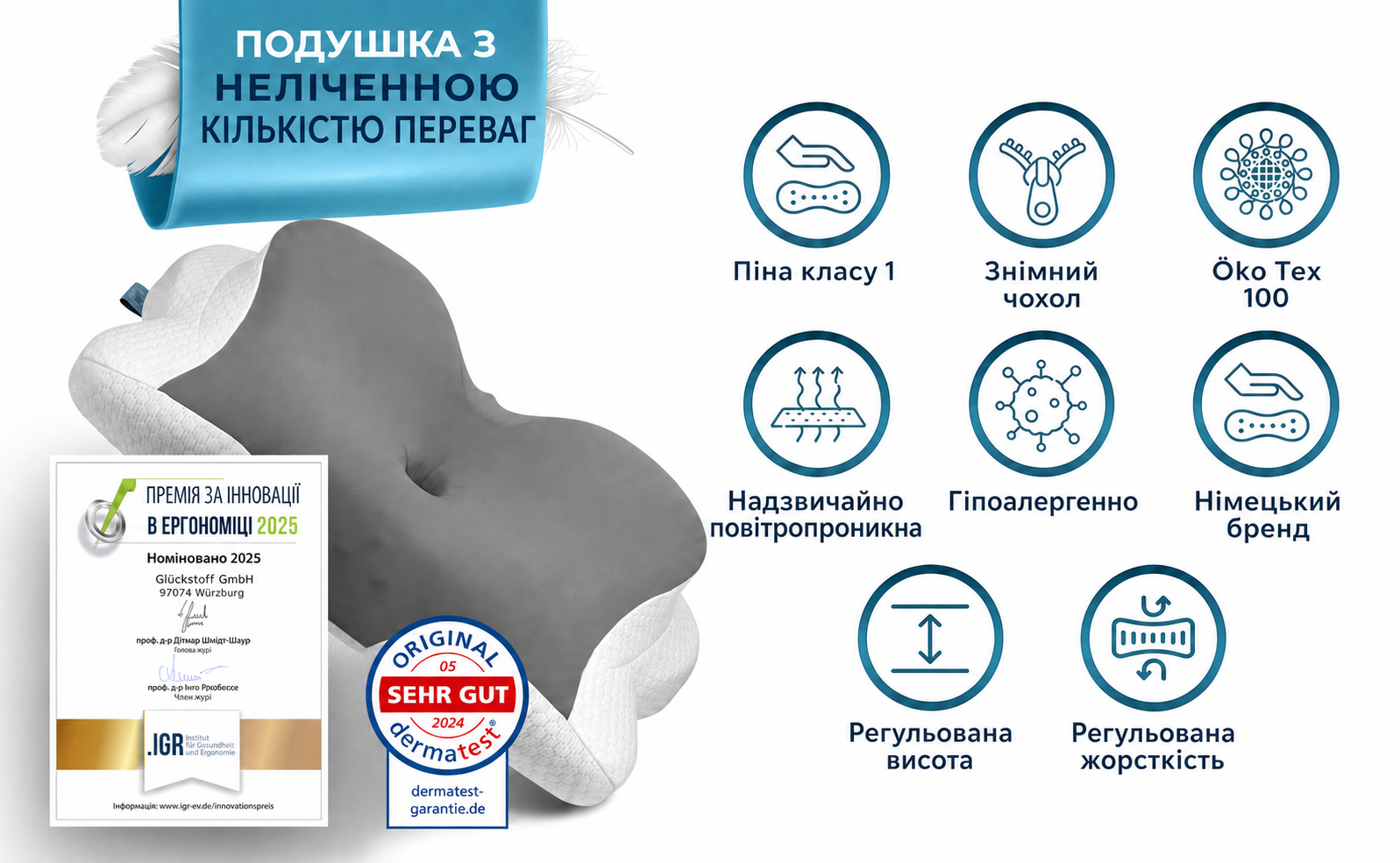 Ортопедична подушка Glückstoff для шиї та голови з піни Memory Foam, ергономічна, для сну на боці, проти болю в шиї, сіра