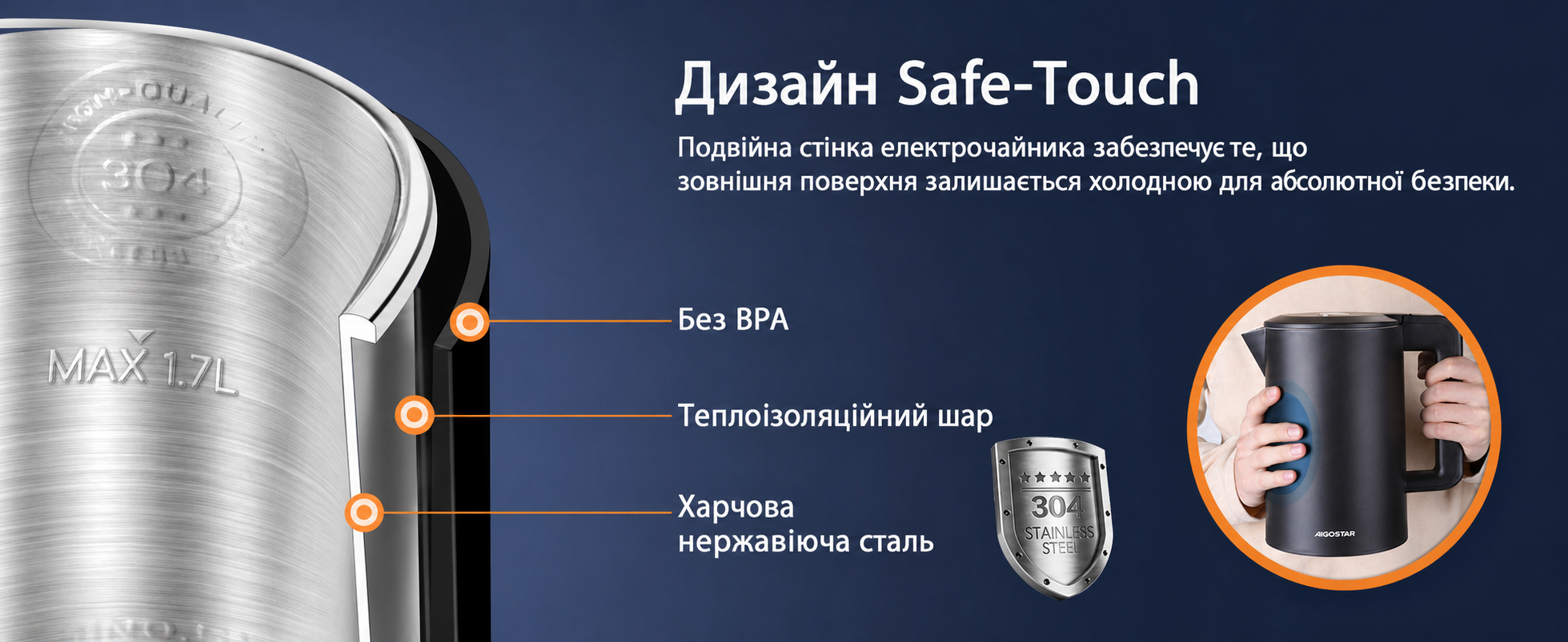 Розумний електрочайник Aigostar з Wi-Fi, регулювання температури 40-100°C, 1,7 л, подвійна стінка, нержавіюча сталь, сумісний з Alexa, функція підтримки тепла, чорний, безшумний, бездротовий