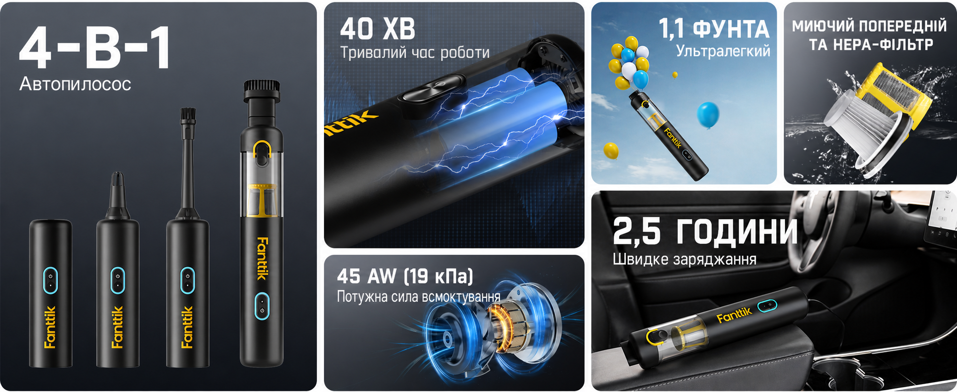Потужний акумуляторний автопилосос Fanttik Slim V8 Apex, 19000 Па, 45 AW, RobustClean™, 4-в-1, міні-насос, портативний пилосос для авто і дому, чорний