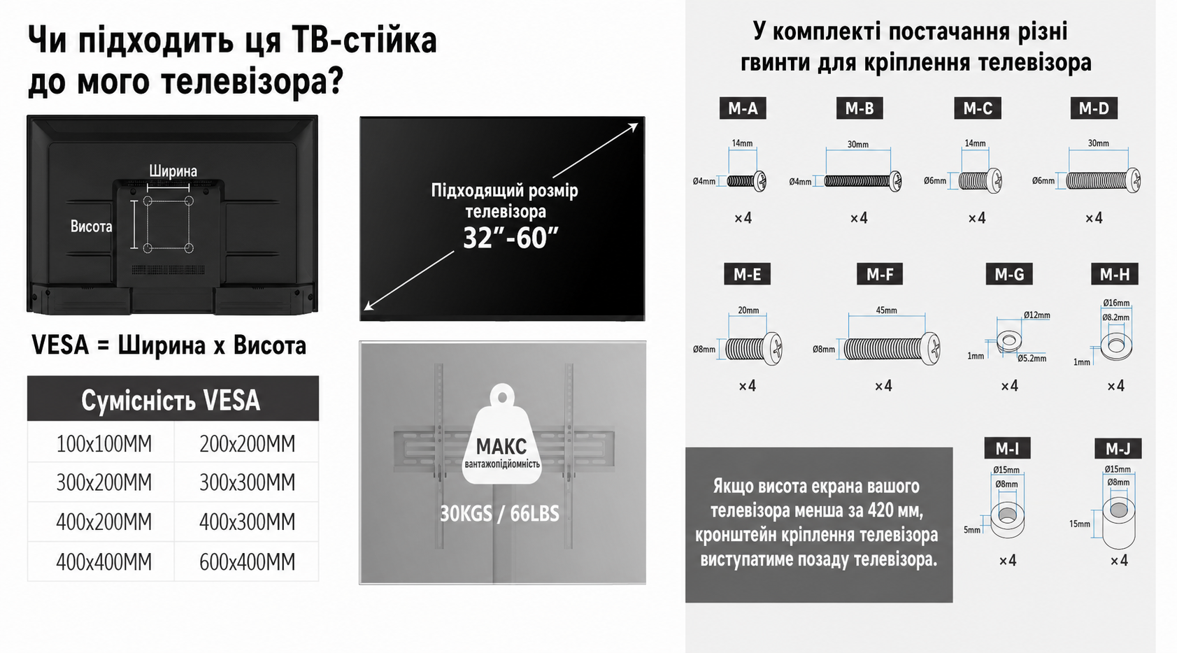 Підлогова тумба для телевізора FITUEYES з полицею, регульована по висоті, обертається, для плоских і вигнутих телевізорів 32-60 дюймів, до 30 кг, VESA 600x400, біла