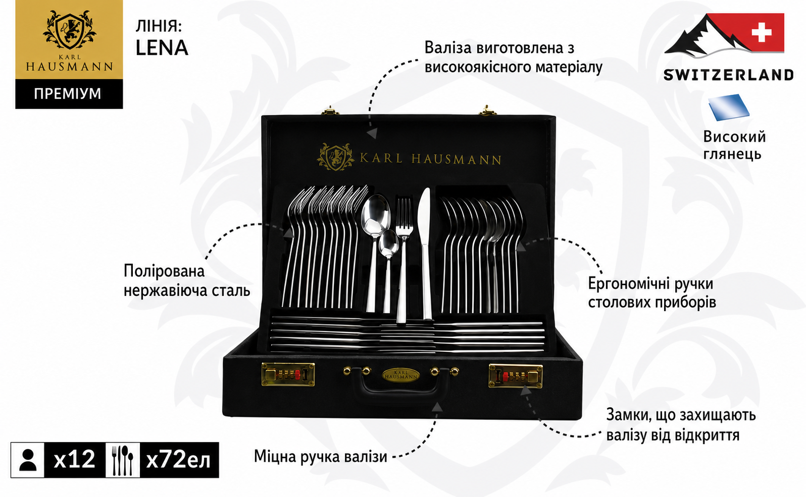 Набір столових приборів Karl Hausmann LENA на 12 персон, 72 предмети з нержавіючої сталі, із валізою, для сервірування та подачі десертів, можна мити в посудомийній машині, сріблястий колір